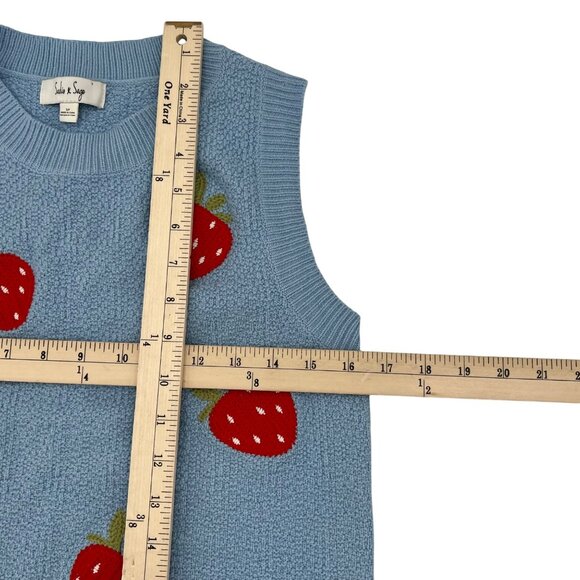 Sadie & Sage Blue Knit Strawberry Sleeveless Sweater Top S/P Womens - Picture 4 of 8
